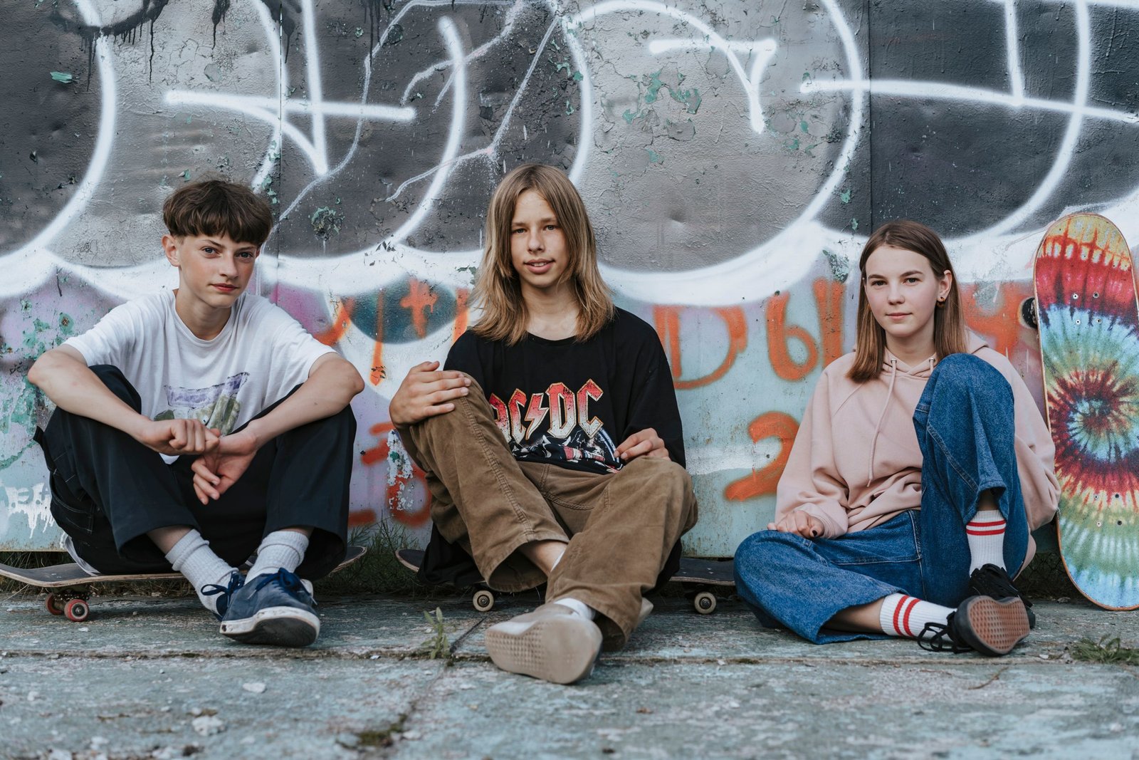 A group of teenagers sitting on skateboards in front of a graffiti wall, enjoying their time together.
