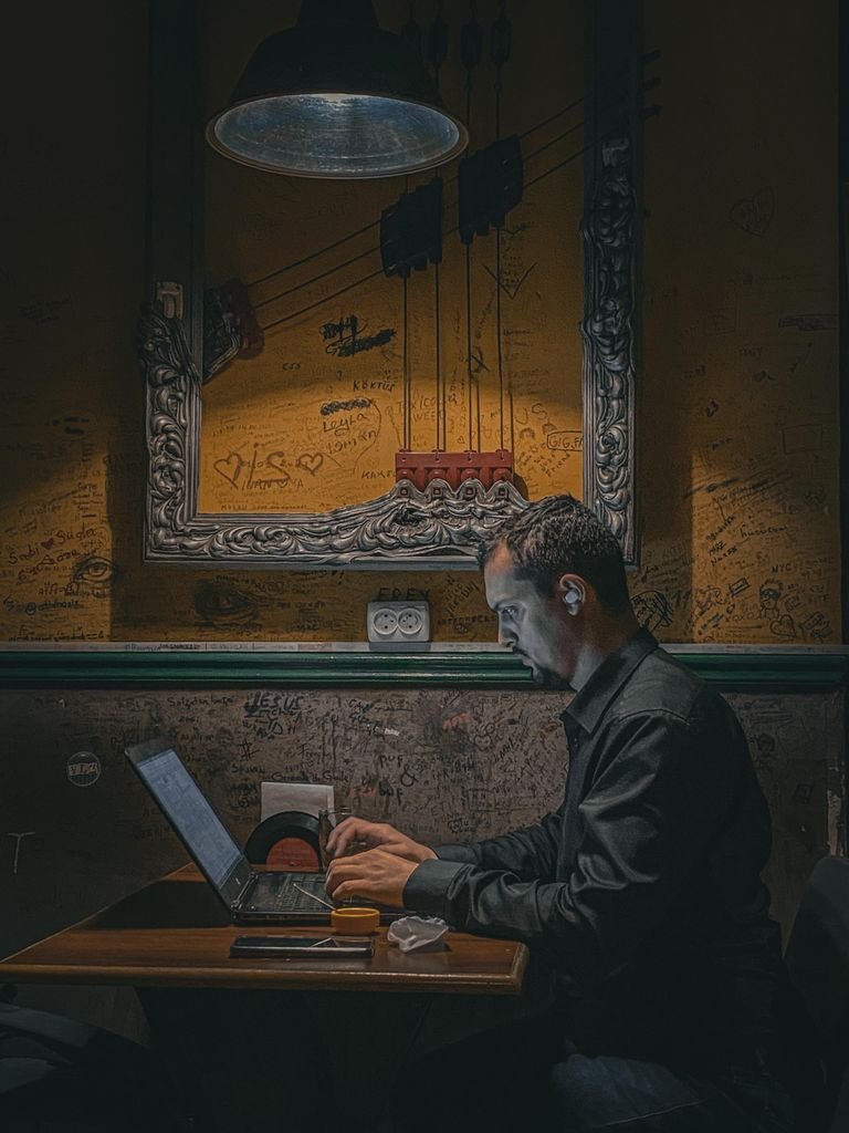Man using laptop in a dimly lit café, showcasing focus and technology in a cozy ambiance.